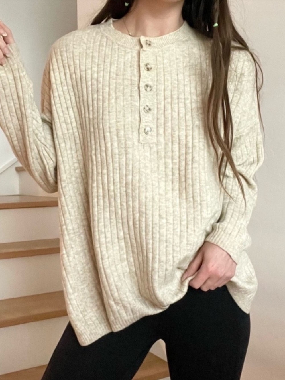 Zara Cream Ribbed Wool Blend Henley Sweater Size Medium